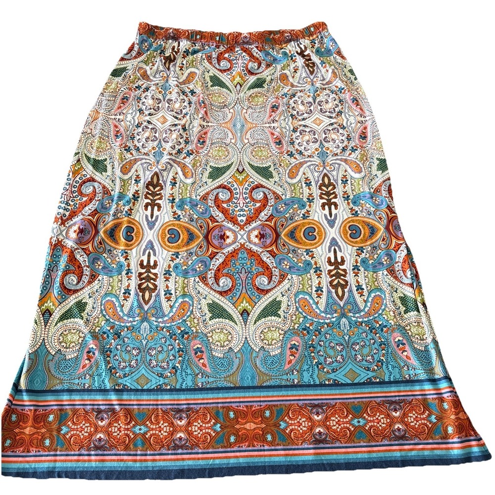Chico's Boho Paisley Maxi Skirt size XL Colorful Print Elastic Waist Long Skirt